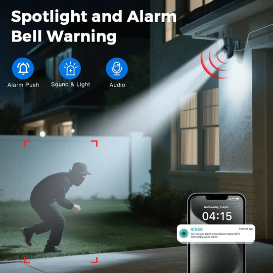 Caméra Wifi extérieure 4K montrant la fonctionnalité de vision nocturne, un outil essentiel pour la sécurité.