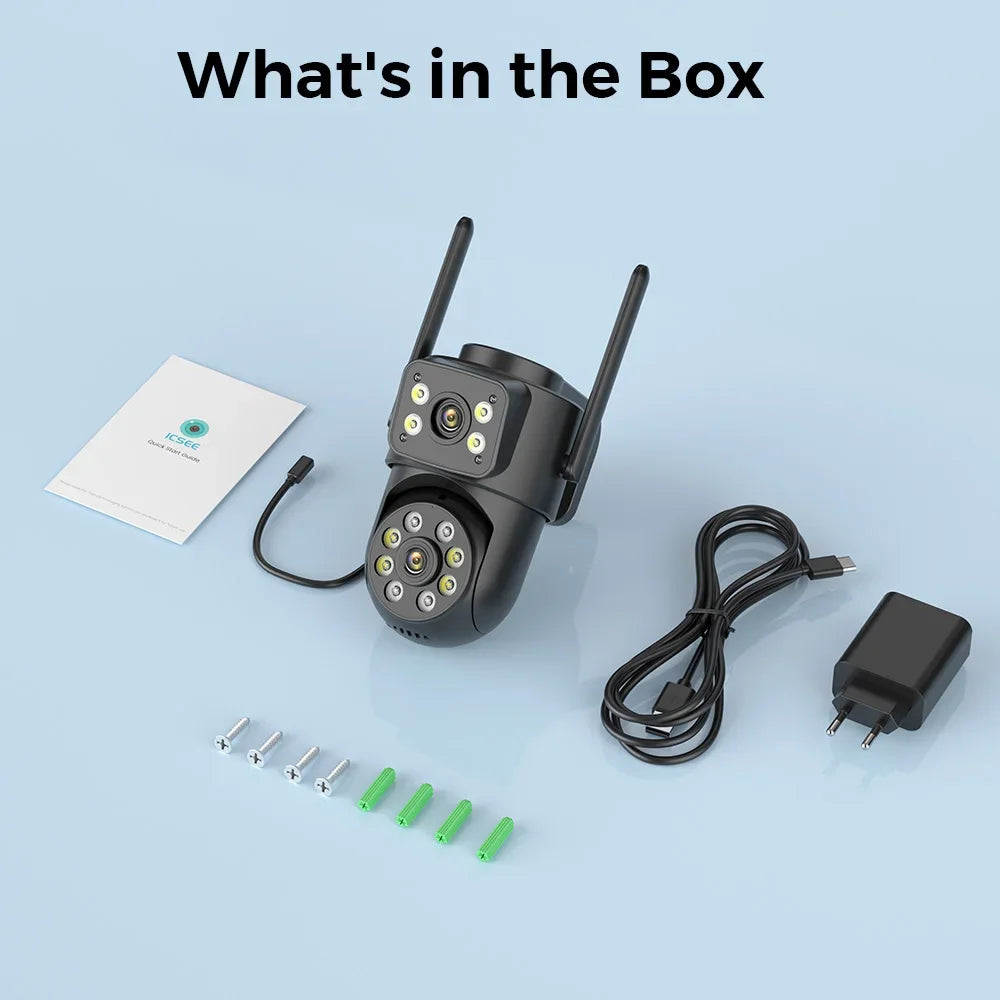 Accessoires de la caméra Wifi extérieure 4K, démontrant sa capacité d'auto-tracking et liées à l'application ICSee.