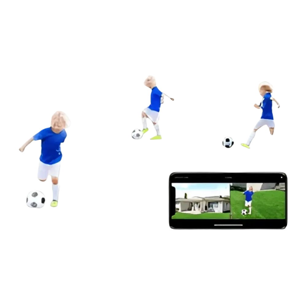 Un smartphone affichant un match de football avec des joueurs en maillots bleus sur un terrain vert.