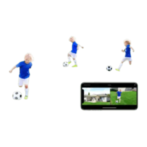 Un smartphone affichant un match de football avec des joueurs en maillots bleus sur un terrain vert.