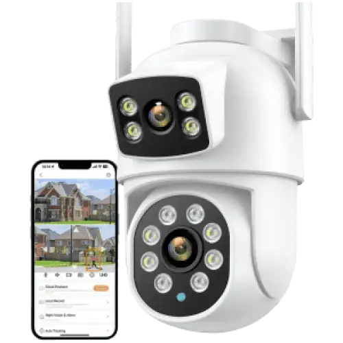 Caméra de sécurité extérieure à double objectif blanc avec Wi-Fi intégré et connectivité via application smartphone.