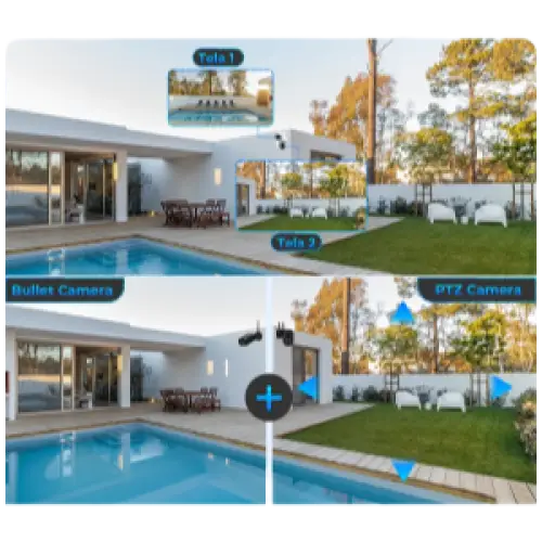 Caméra à balle avec boîtier noir élégant et design minimaliste, montée sur un mur extérieur moderne.