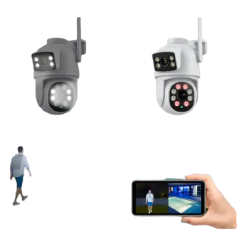 Caméra de sécurité blanche avec plusieurs objectifs et une antenne intégrée