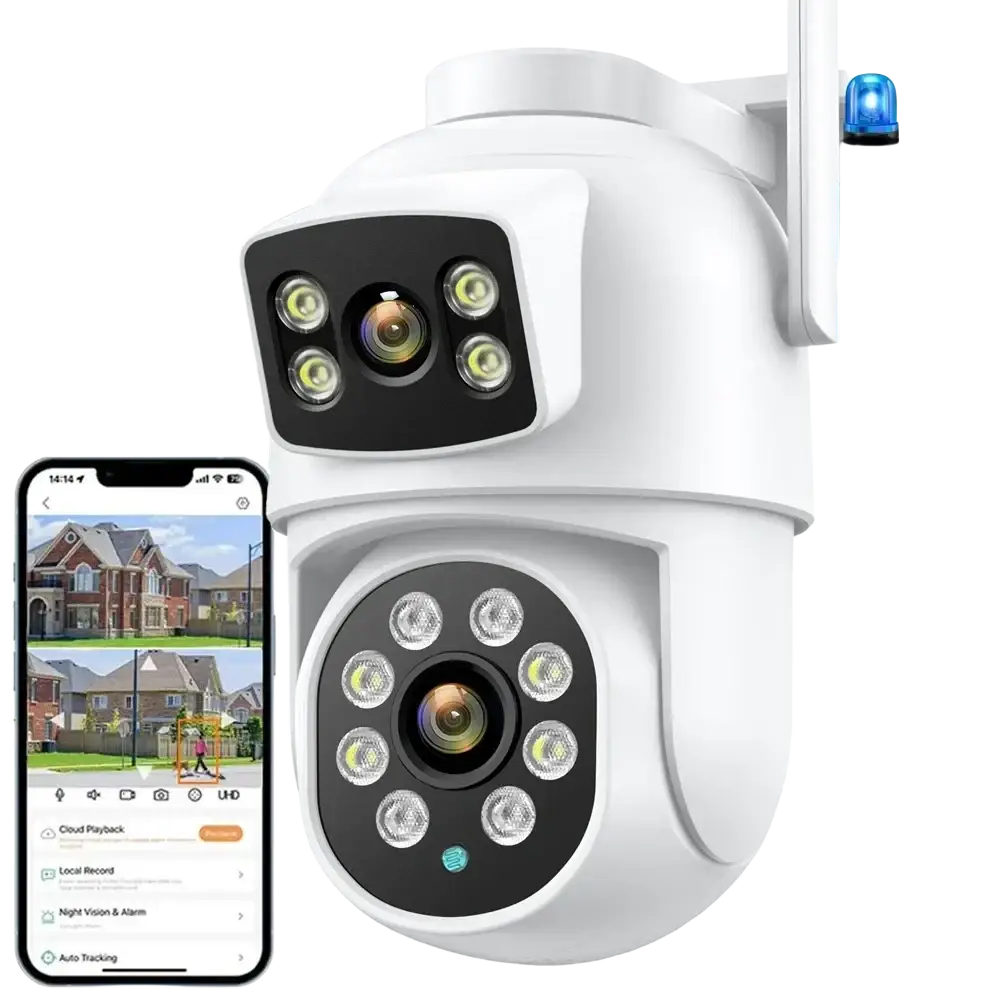 Caméra de sécurité extérieure WiFi blanche Besder 8MP avec design à double objectif, vision nocturne infrarouge et construction étanche.