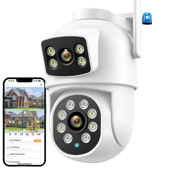 Caméra de sécurité extérieure WiFi blanche Besder 8MP avec design à double objectif, vision nocturne infrarouge et construction étanche.