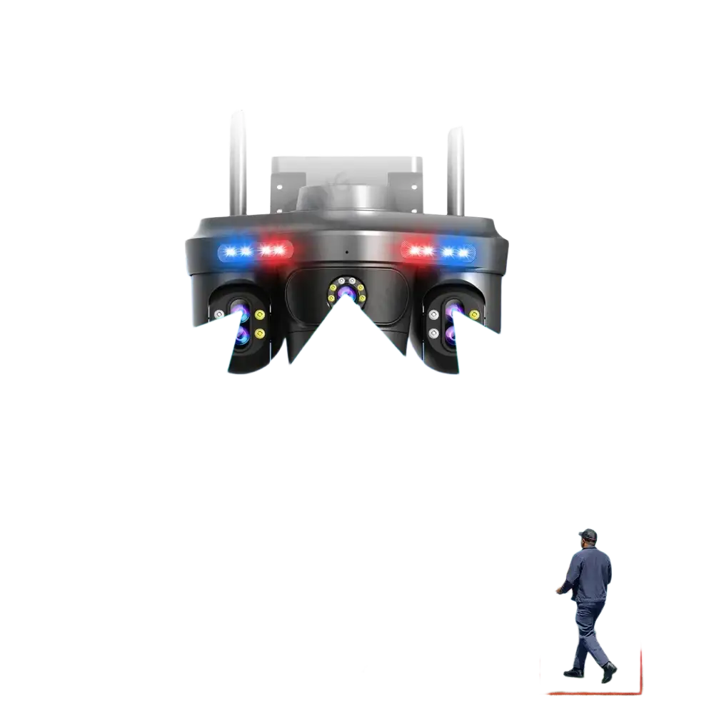 Caméra de sécurité à détection humanoïde à quatre écrans avec détection de mouvement et fonctions d’alerte.