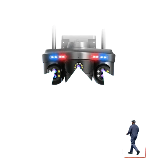 Caméra de sécurité à détection humanoïde à quatre écrans avec détection de mouvement et fonctions d’alerte.