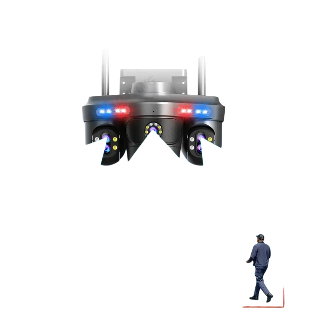 Caméra de sécurité à détection humanoïde à quatre écrans avec détection de mouvement et fonctions d’alerte.