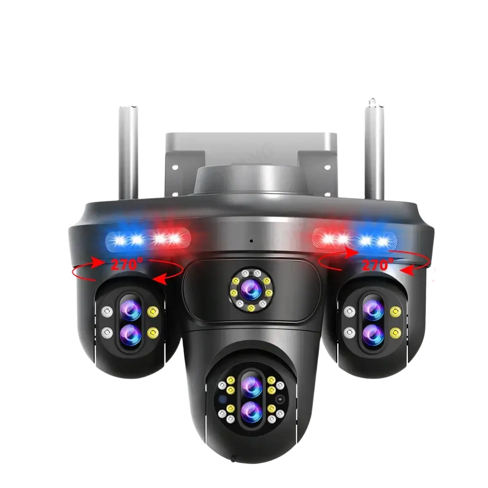 Caméra de sécurité PTZ à triple objectif avec voyants lumineux rouge et bleu.
