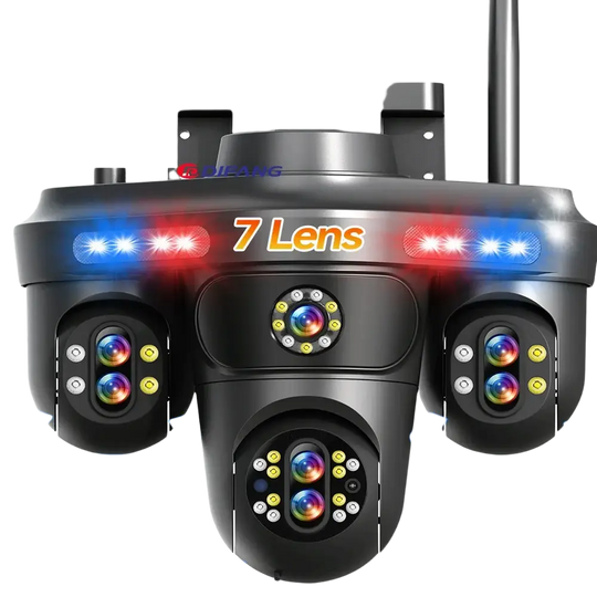 Caméra de sécurité noire à lentilles multiples avec lumières rouges et bleues, résolution Ultra HD 35MP, zoom 30X et capacité de visualisation sur 4 écrans.