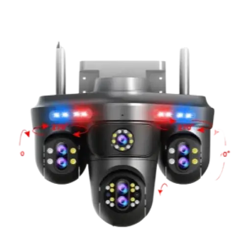 Un système de caméra de sécurité à lentilles multiples avec des lumières rouges et bleues clignotantes et des capacités de panoramique et d’inclinaison.