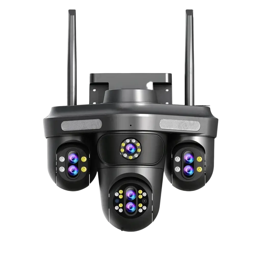 Un système de caméras de sécurité à lentilles multiples avec quatre caméras, deux antennes et des dimensions détaillées.
