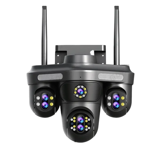 Un système de caméras de sécurité à lentilles multiples avec quatre caméras, deux antennes et des dimensions détaillées.