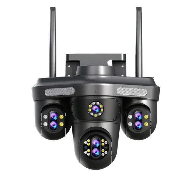 Un système de caméras de sécurité à lentilles multiples avec quatre caméras, deux antennes et des dimensions détaillées.