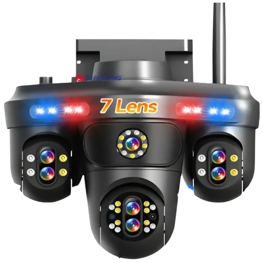Caméra de sécurité extérieure à lentilles multiples avec lumières clignotantes rouges et bleues.