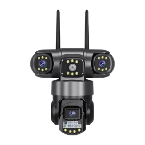 Caméra de sécurité à lentilles multiples avec projecteurs et antennes.