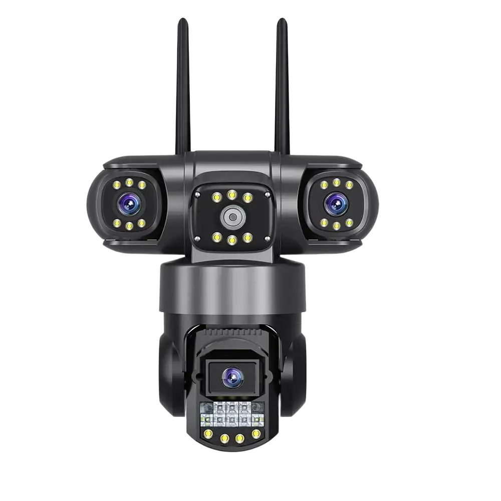 Caméra de sécurité noire à objectifs multiples avec deux antennes et une carte mémoire de 128 Go.