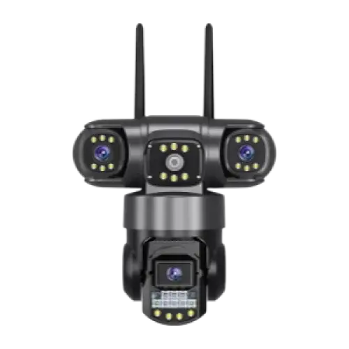 Caméra de sécurité multi-lentilles avec projecteurs et double antenne.