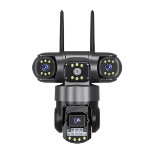 Caméra de sécurité multi-lentilles avec projecteurs et antennes Wi-Fi.