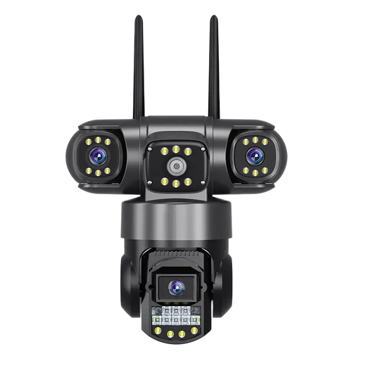 Caméra de sécurité WiFi noire à triple objectif avec carte mémoire de 64 Go.