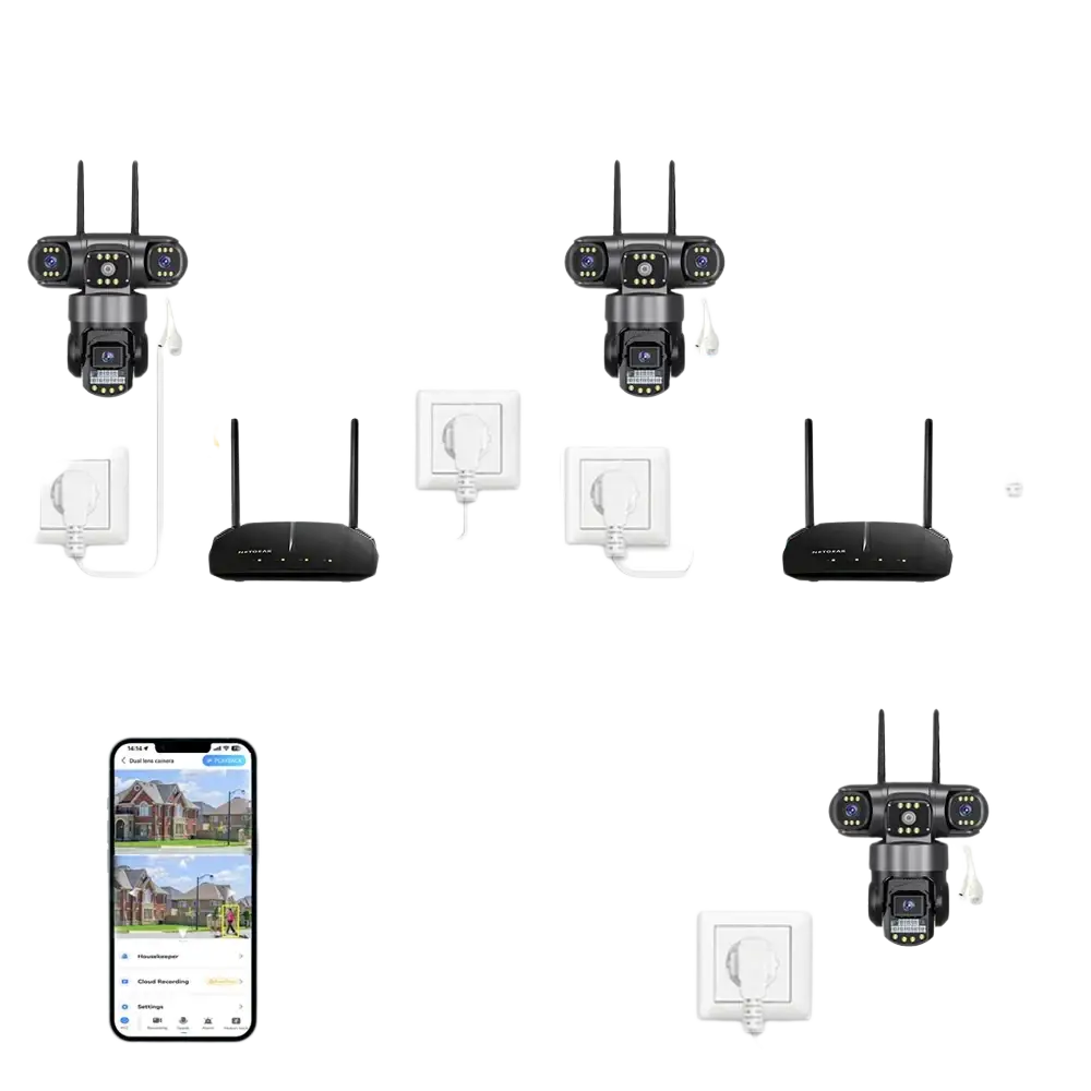Caméra de sécurité dotée de trois options de connexion : Wi-Fi sans fil, réseau local câblé et point d’accès Wi-Fi intégré pour une connexion directe.