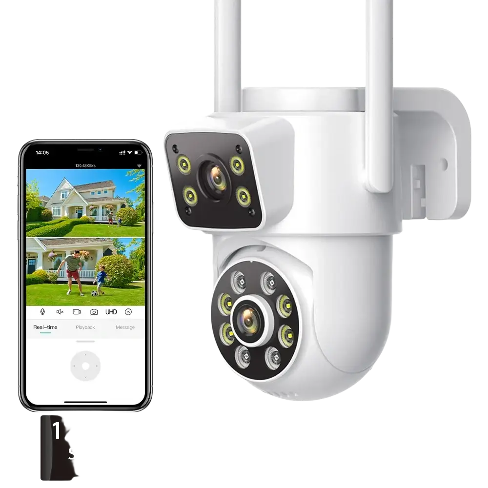 Illustration de l'installation possible au mur de la caméra de surveillance extérieure.