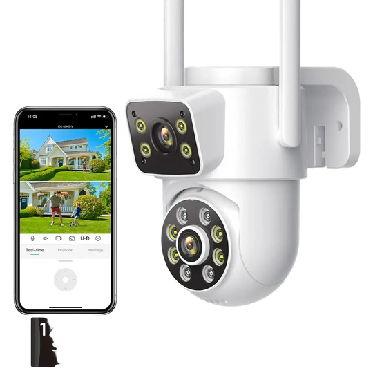 Illustration de l'installation possible au mur de la caméra de surveillance extérieure.