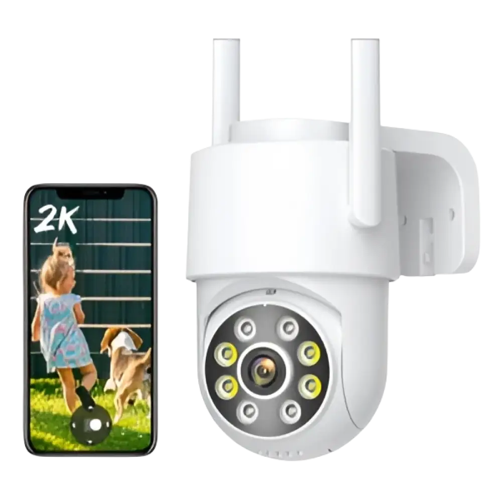 Vue du modèle 8MP 4K Wifi PTZ caméra double objectif, idéale comme caméra de surveillance extérieure.