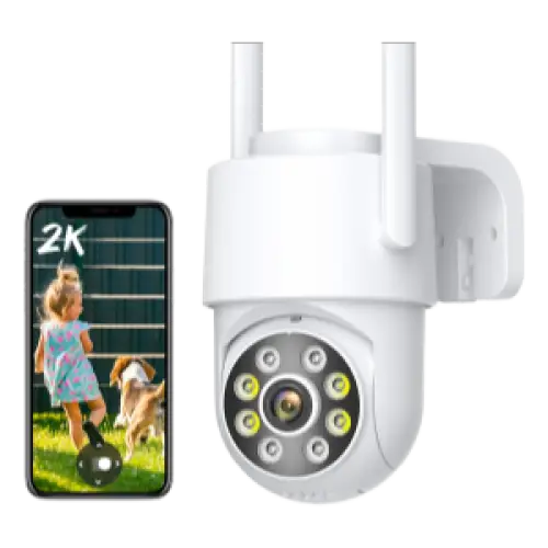 Vue du modèle 8MP 4K Wifi PTZ caméra double objectif, idéale comme caméra de surveillance extérieure.