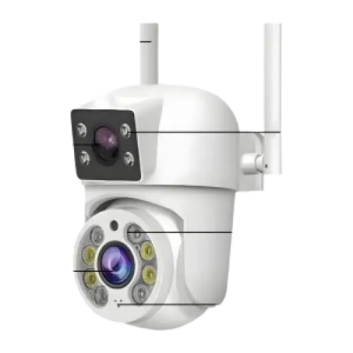 Caméra de sécurité extérieure blanche, sans fil, avec fonctions panoramique, inclinaison et zoom, vision nocturne et détection de mouvement.