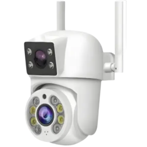 Caméra de sécurité extérieure blanche avec fonction panoramique, inclinaison et zoom et vision nocturne.