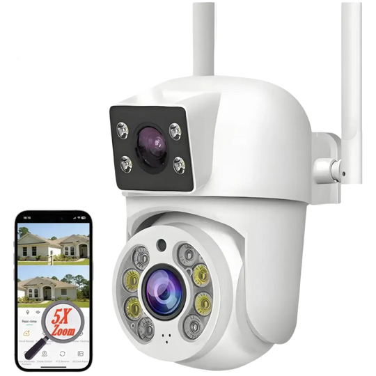 Caméra de sécurité extérieure blanche 8MP à double objectif avec connectivité WiFi et compatibilité avec l’application Tuya Smart/Smart Life, dotée d’un zoom 5X et d’un double écran.