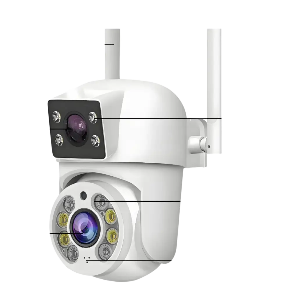 Caméra de sécurité extérieure blanche avec deux antennes, deux objectifs, des LED IR/blanches et un haut-parleur.