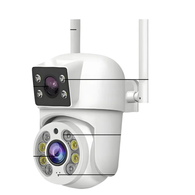 Caméra de sécurité extérieure blanche avec deux antennes, deux objectifs, des LED IR/blanches et un haut-parleur.