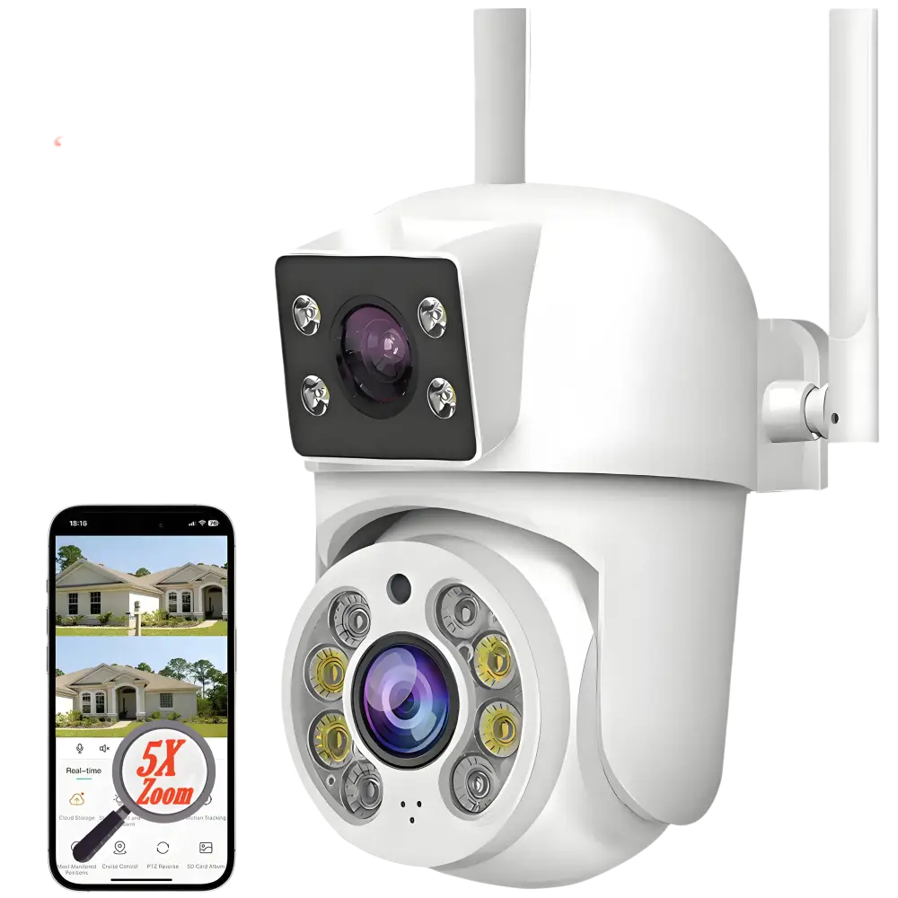 Caméra de sécurité extérieure blanche avec double objectif, résolution HD 8MP 2K+2K, zoom 5X et compatibilité avec l’application Tuya Smart/Smart Life.