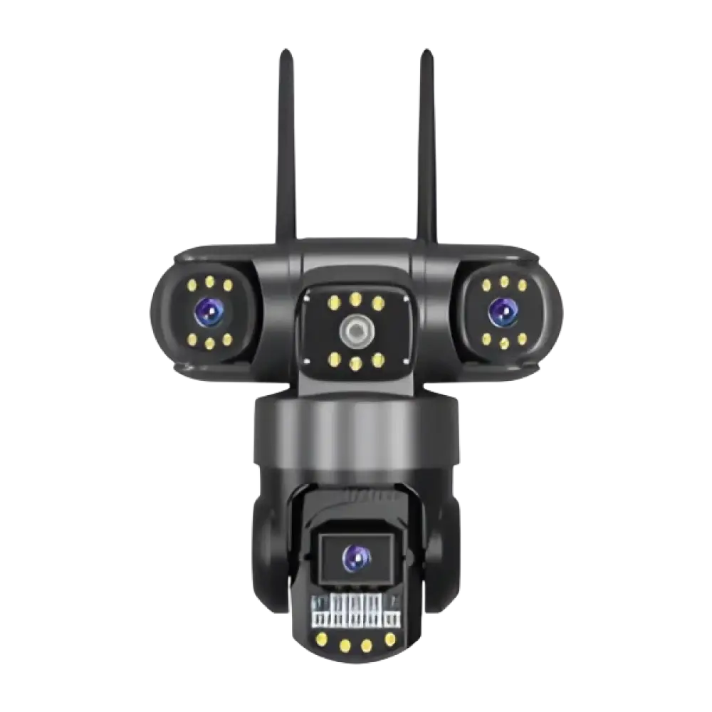 Une caméra de sécurité à lentilles multiples avec vision nocturne et antennes Wi-Fi.