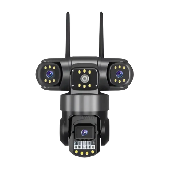 Une caméra de sécurité à lentilles multiples avec vision nocturne et antennes Wi-Fi.