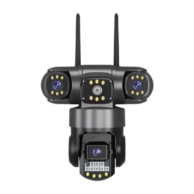 Une caméra de sécurité à lentilles multiples avec vision nocturne et antennes Wi-Fi.