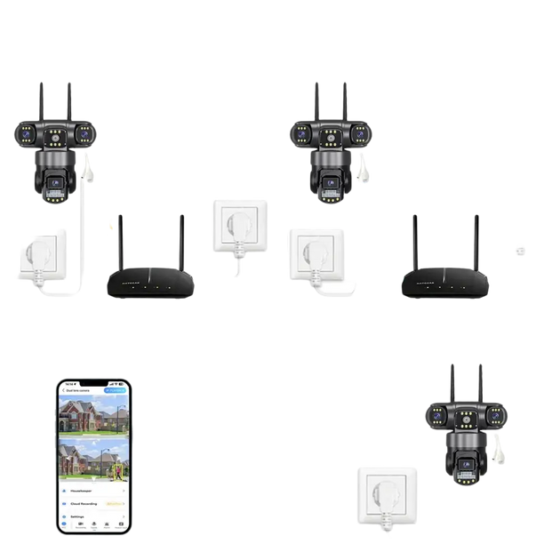 Caméra de sécurité dotée de trois options de connexion : Wi-Fi sans fil, réseau local câblé et point d’accès Wi-Fi intégré pour une connexion directe.