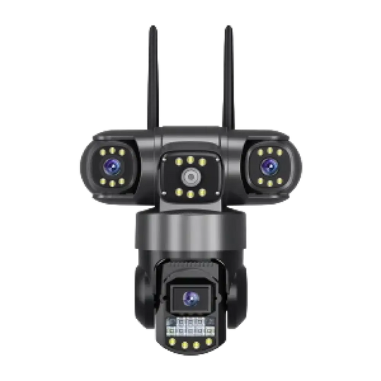 Caméra de sécurité multi-lentilles avec projecteurs et antennes Wi-Fi.