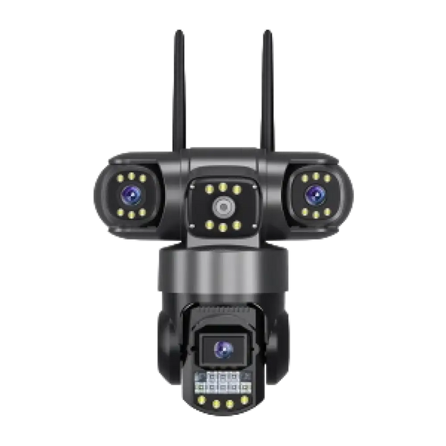 Caméra de sécurité multi-lentilles avec projecteurs et antennes Wi-Fi.