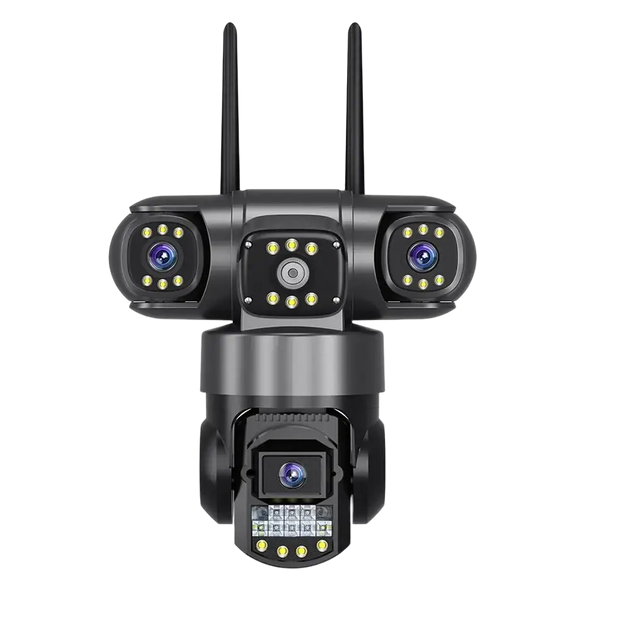 Caméra de sécurité noire à objectifs multiples avec deux antennes et une carte mémoire de 128 Go.