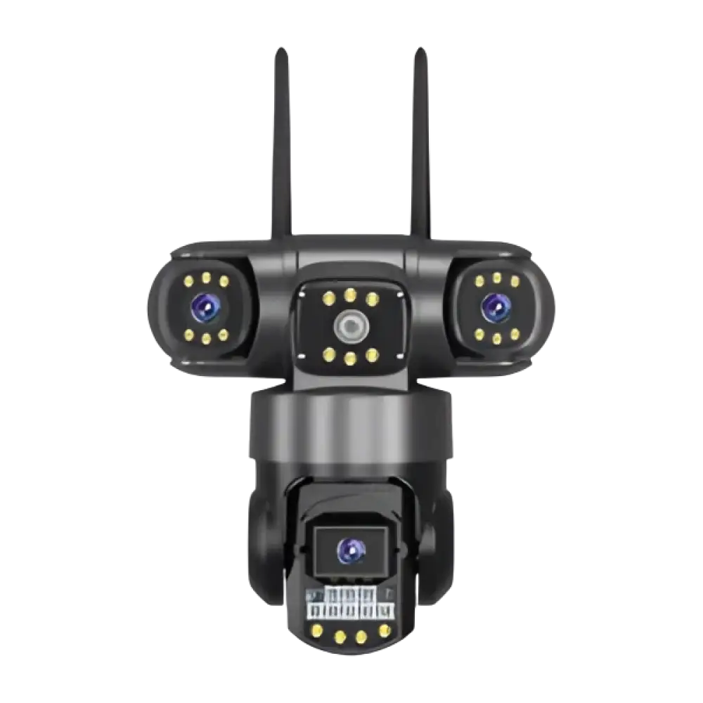 Caméra de sécurité à lentilles multiples avec projecteurs et antennes.