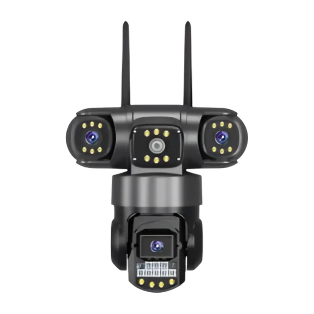 Caméra de sécurité à lentilles multiples avec projecteurs et antennes.