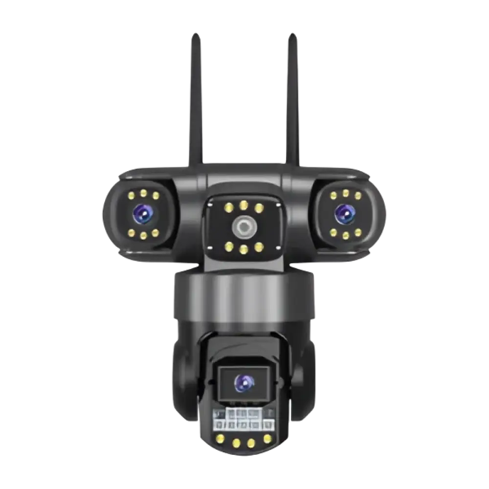 Caméra de sécurité multi-lentilles avec projecteurs et double antenne.