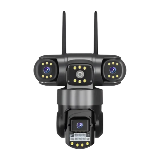 Caméra de sécurité multi-lentilles avec projecteurs et double antenne.