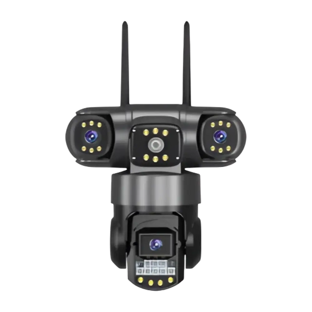 Caméra de sécurité multi-lentilles avec projecteurs et double antenne.