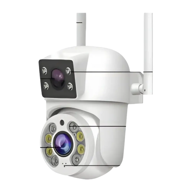 Caméra de sécurité extérieure blanche, sans fil, avec fonctions panoramique, inclinaison et zoom, vision nocturne et détection de mouvement.