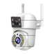 Caméra de sécurité extérieure blanche, sans fil, avec fonctions panoramique, inclinaison et zoom, vision nocturne et détection de mouvement.