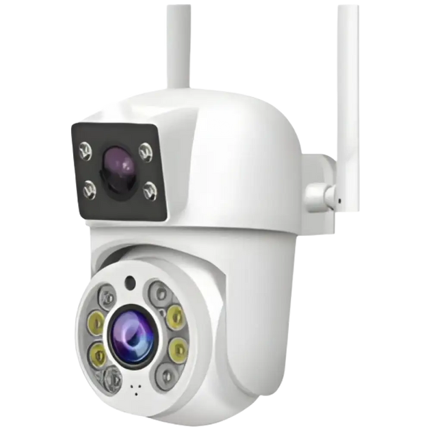 Caméra de sécurité extérieure blanche avec fonction panoramique, inclinaison et zoom et vision nocturne.